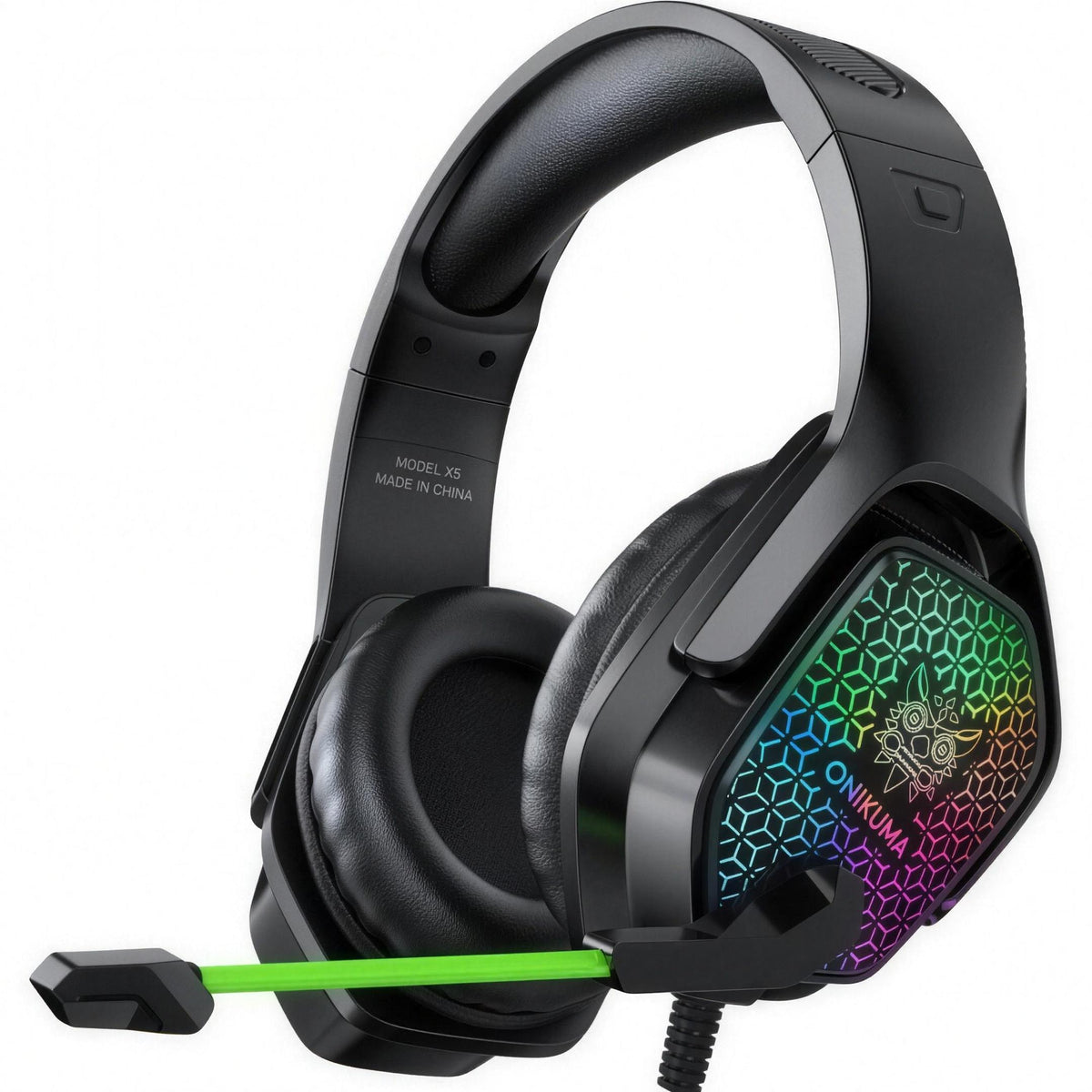 Casque d'écoute gaming WINGOMART X3 RGB : vue de face, coquilles à éclairage RGB