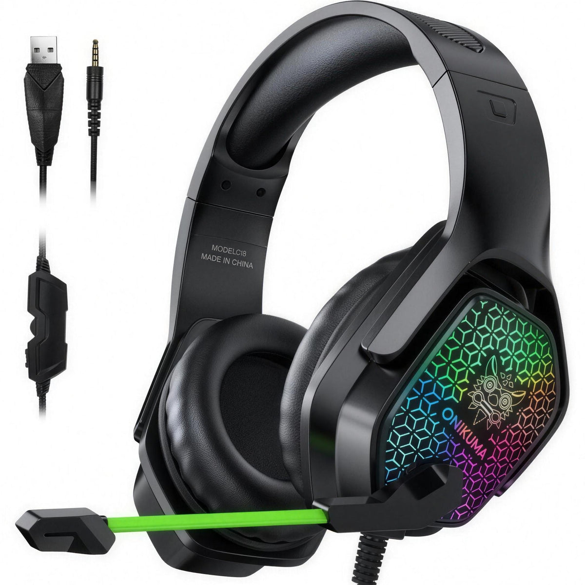 Casque d'écoute gaming WINGOMART X3 — Noir : vue de face, coquilles alvéolées à éclairage RGB et micro