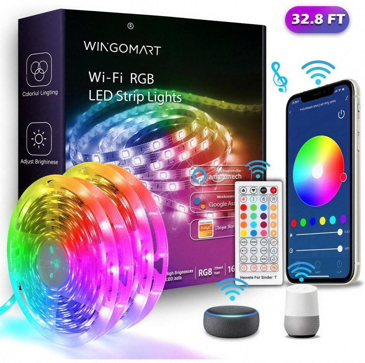 Ruban lumineux DEL intelligent 32,8 pi WINGOMART compatible Alexa : contenu de la boîte