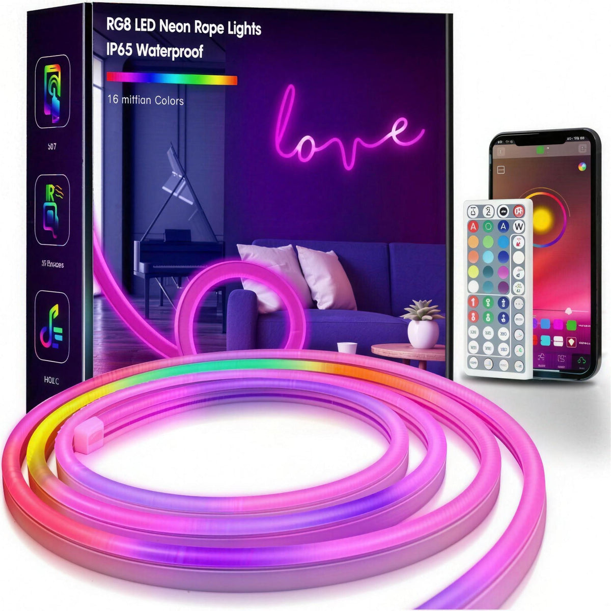 WINGOMART 16.4 ft Neon Rope Light: led neon rope lights with remote, neon rope light with app control