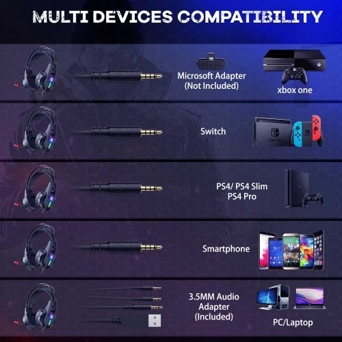 WINGOMART K16 Gaming Headset Over-ear 3.5mm LED Light Stereo Bass Game Headphones with Mic for PC Laptop Gamer Xbox One, PS5, PS4, PC, Nintendo Switch playstation 5 Gaming headset