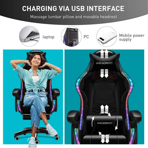 Wingomart Ergonomic High-Back Faux Leather Gaming Chair With RGB led light and Footrest Pu Leather High Back Adjustable Armrest Height Adjustable Swivel - Black & White