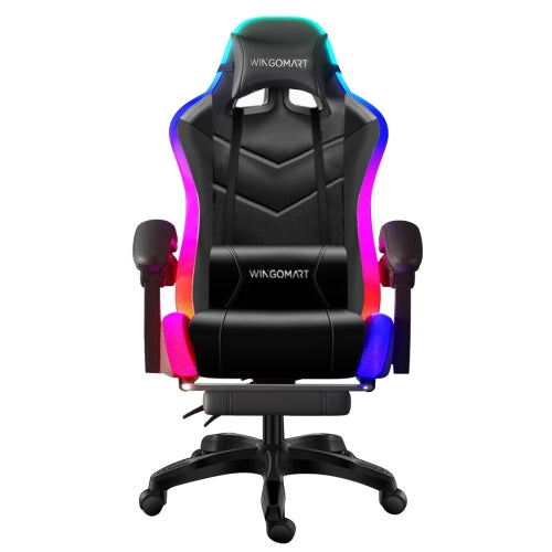 WINGOMART Ergonomic High-Back PU Faux Leather Gaming Chair With RGB LED light, Lumbar Massage & Footrest High Back Adjustable Swivel - Black