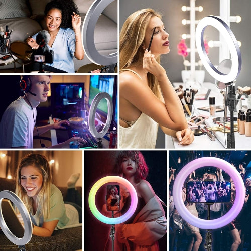 14" RGB Led Ring Light Kit W/ Tripod Stand & Phone Holder, 26 Colors RGB Lighting Scenes Dimmable Selfie for TikTok/YouTube/Live Stream/Makeup/Photography - With remote control
