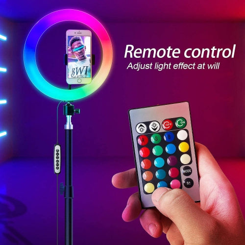 8" RGB LED Ring Light Kit with Tripod Stand & Phone Holder, 26 Colors NEON ring Lighting Scenes Dimmable Selfie for TikTok/YouTube/Live Stream/Makeup/ with remote control
