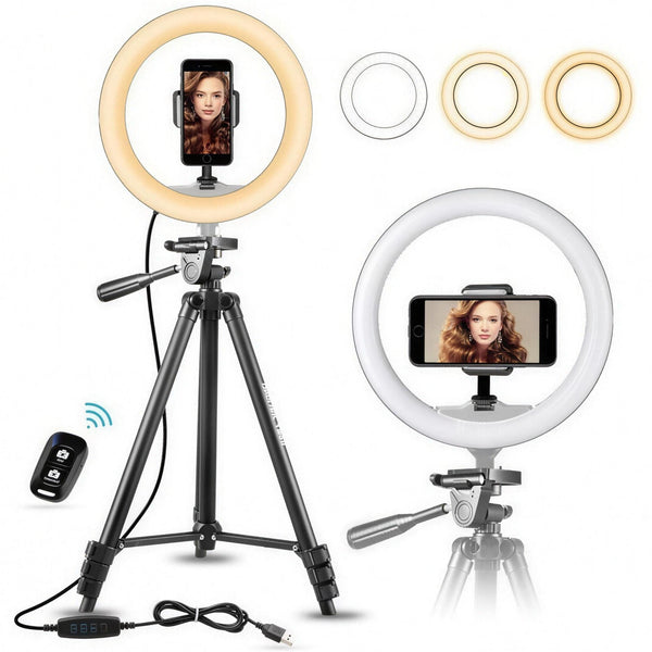 Ring light 10 po avec trépied extensible 50 po, intensité réglable et télécommande