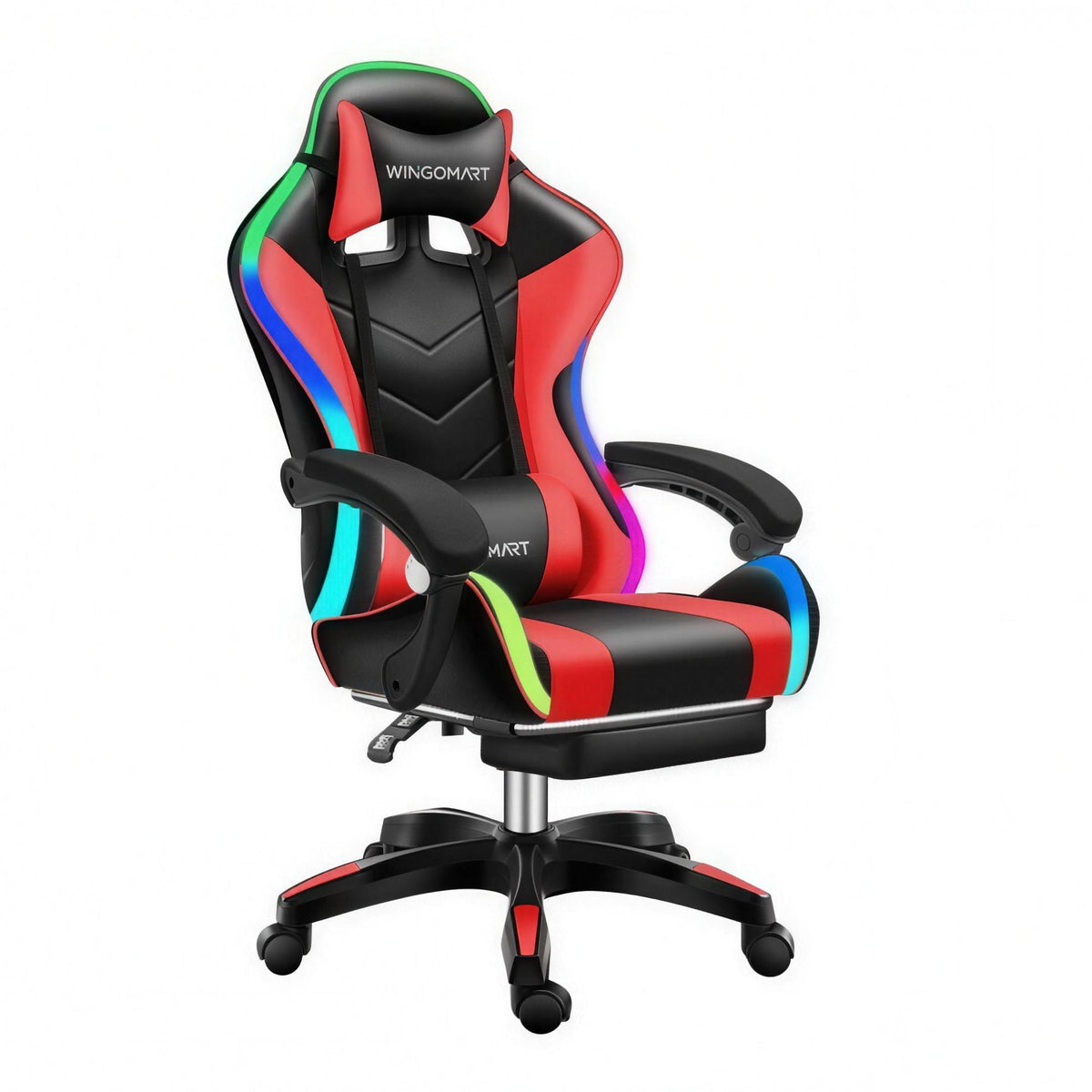 Chaise gaming WINGOMART RGB PRO — Noir et rouge : vue de face, éclairage DEL
