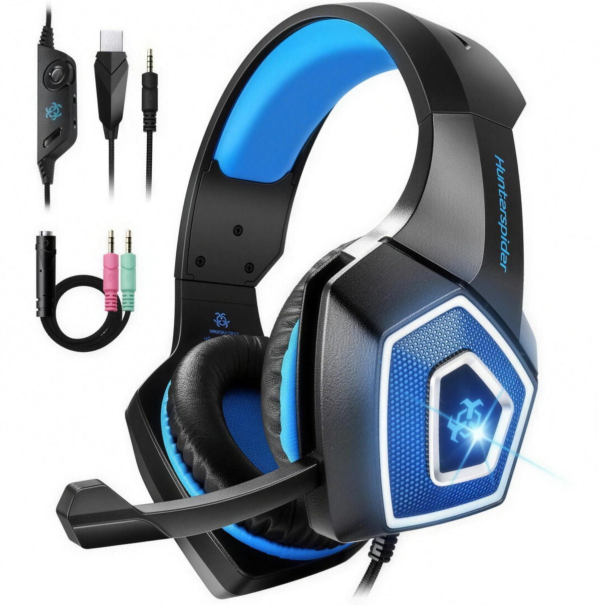 WINGOMART Lightweight Gaming Headset: lightweight gaming headset with mic, front view, blue and black with LED earcups
