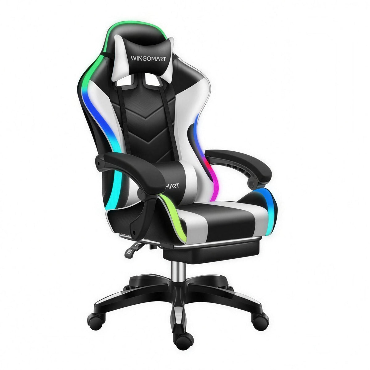 Chaise gaming WINGOMART RGB PRO — Noir et blanc : vue de face, éclairage DEL