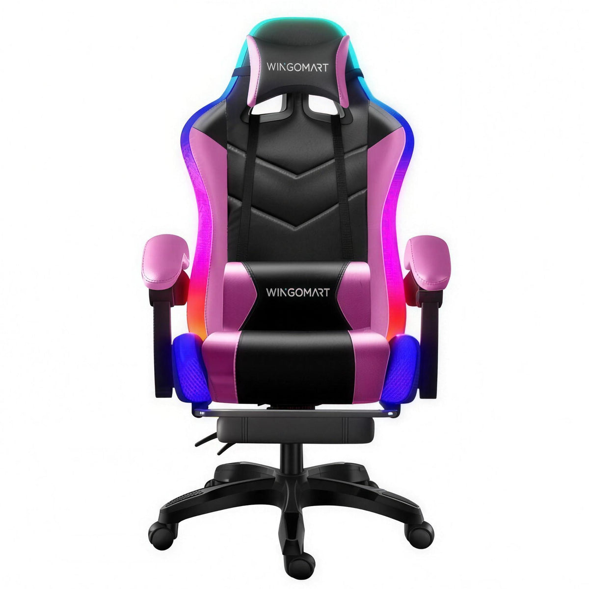 Chaise gaming WINGOMART RGB PRO — Rose et noir : vue de face, repose-pieds