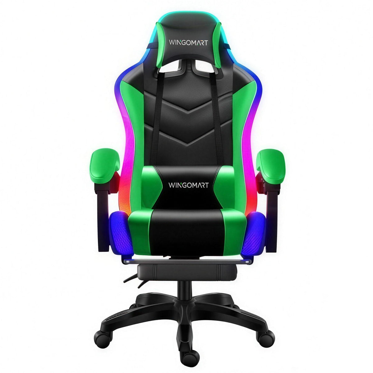 Chaise gaming WINGOMART RGB PRO — Vert : vue de face, éclairage RGB
