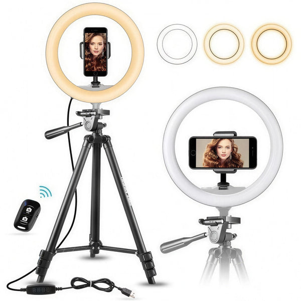 Ring light 8 po avec trépied extensible 50 po, intensité réglable et télécommande