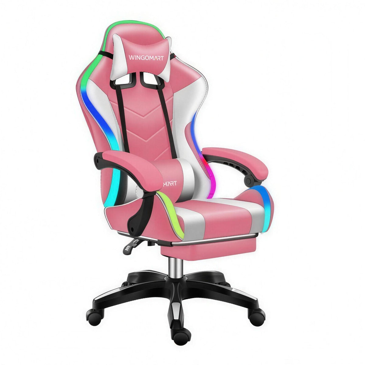 Chaise gaming WINGOMART RGB PRO — Rose et blanc : vue de face, éclairage DEL et repose-pieds