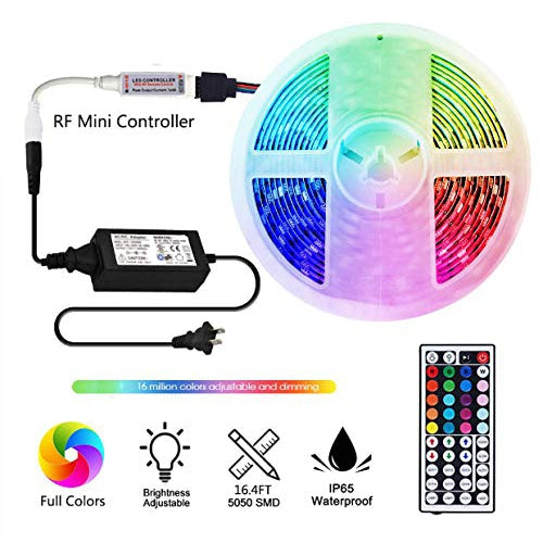 LED Strip Light Kit 16.4ft/5m Flexible Color Changing RF Remote Led Lights Strips 5050 RGB