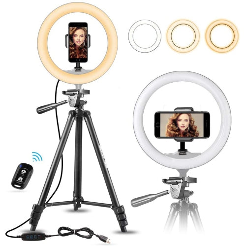 10" 25Cm Selfie LED Ring Light with 50" Extendable Tripod & Flexible Phone Holder, Upgraded Dimmable Camera Ring Light for TikTok/YouTube/Makeup/Photography w/ remote control