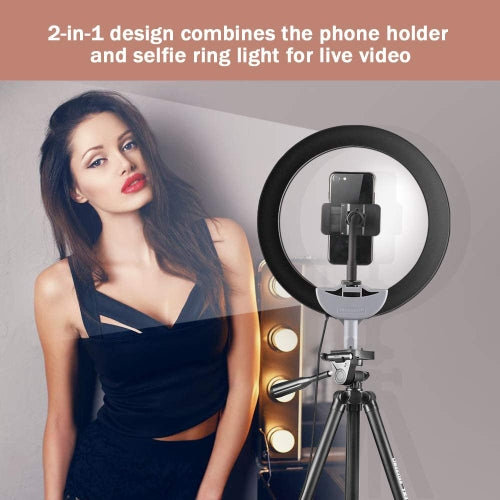 10" 25Cm Selfie LED Ring Light with 50" Extendable Tripod & Flexible Phone Holder, Upgraded Dimmable Camera Ring Light for TikTok/YouTube/Makeup/Photography w/ remote control