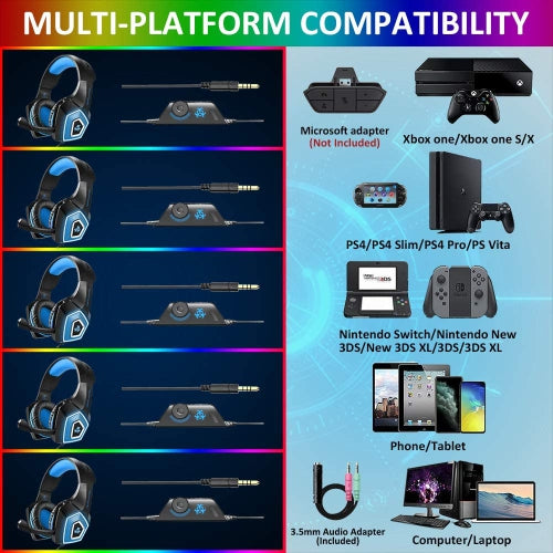 Gaming Headset w/Mic for Xbox One, PS5, PS4, PC, Nintendo Switch playstation 5 - Stereo Bass Headphones - 3.5mm - Lightweight Over Ear Headphones with LED Light, Volume Control, Noise Canceling