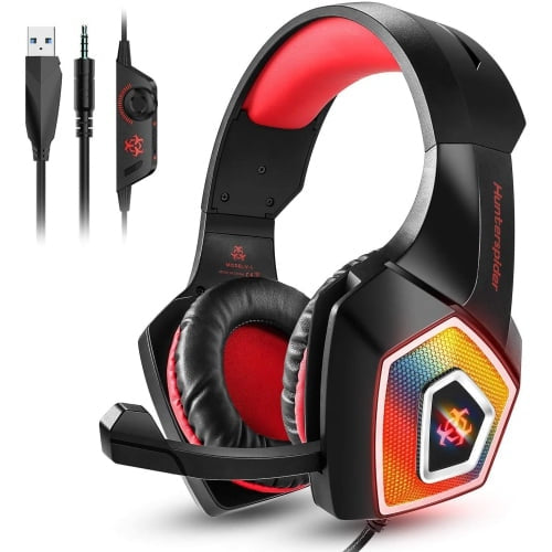 Gaming Headset w/Mic for Xbox, playstation, PS5, PS4, PC, Nintendo Switch - Stereo Bass Headphones 3.5mm - Over Ear Headphones with LED Light, Volume Control, Noise Canceling