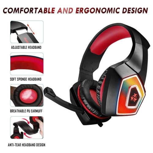 Gaming Headset w/Mic for Xbox, playstation, PS5, PS4, PC, Nintendo Switch - Stereo Bass Headphones 3.5mm - Over Ear Headphones with LED Light, Volume Control, Noise Canceling