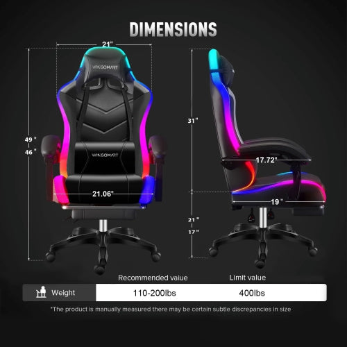 WINGOMART Ergonomic High-Back PU Faux Leather Gaming Chair With RGB LED light, Lumbar Massage & Footrest High Back Adjustable Swivel - Black