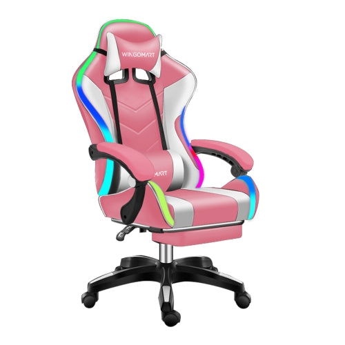 WINGOMART Ergonomic High-Back PU Faux Leather Gaming Chair With RGB LED light, Lumbar Massage & Footrest High Back Adjustable Swivel - Pink