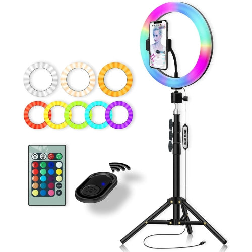 14" RGB Led Ring Light Kit W/ Tripod Stand & Phone Holder, 26 Colors RGB Lighting Scenes Dimmable Selfie for TikTok/YouTube/Live Stream/Makeup/Photography - With remote control