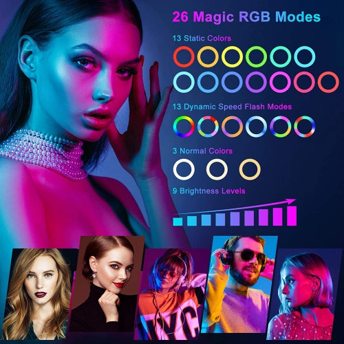 14" RGB Led Ring Light Kit W/ Tripod Stand & Phone Holder, 26 Colors RGB Lighting Scenes Dimmable Selfie for TikTok/YouTube/Live Stream/Makeup/Photography - With remote control