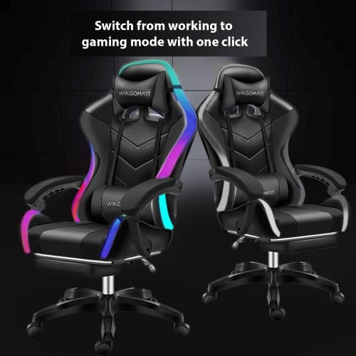 WINGOMART Ergonomic High-Back PU Faux Leather Gaming Chair With built in LED light, Office chair W/ Lumbar Massage & Footrest High Back Adjustable Swivel