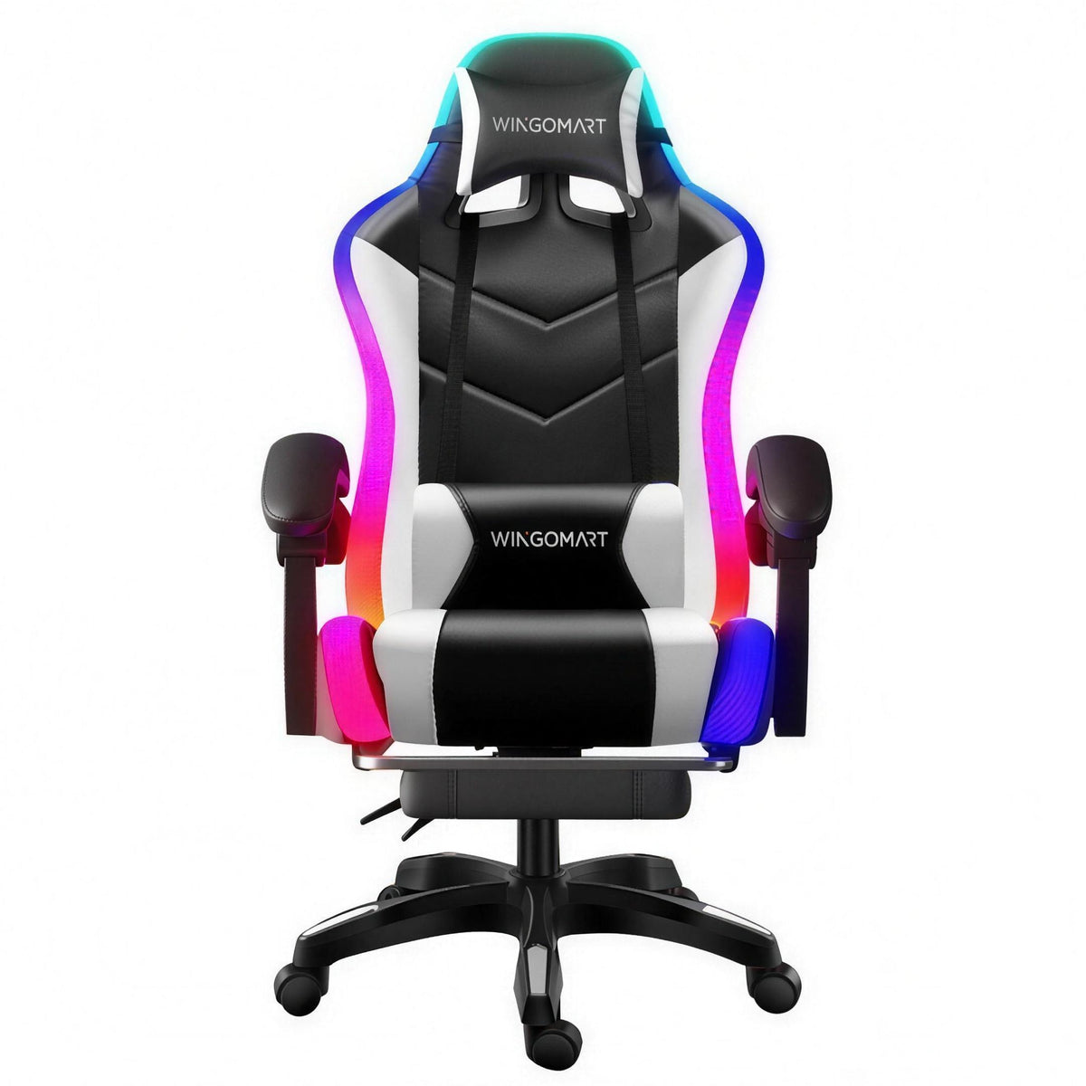 Chaise gaming RGB à accoudoirs réglables — vue de face, éclairage RGB des contours allumé