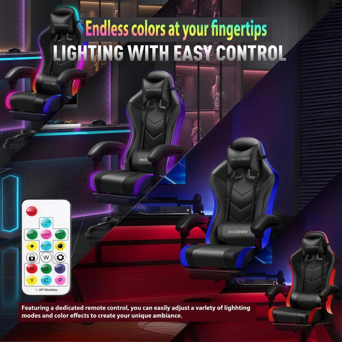 Infographie de la chaise gaming RGB PRO — Vert : télécommande de l'éclairage RGB