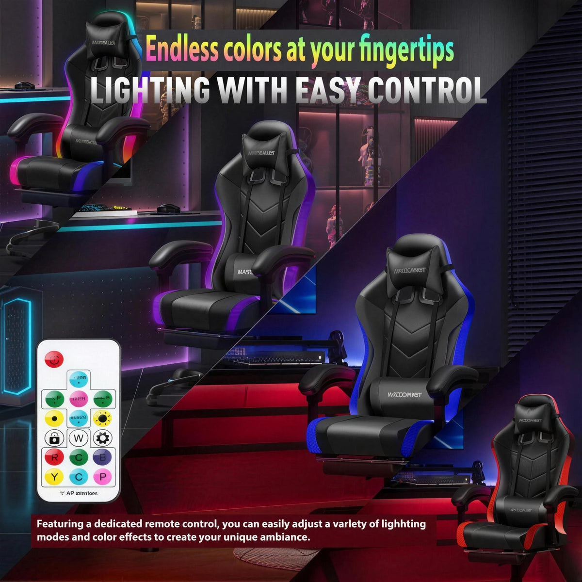 Infographie de la chaise gaming RGB PRO — Rose et noir : télécommande de l'éclairage RGB