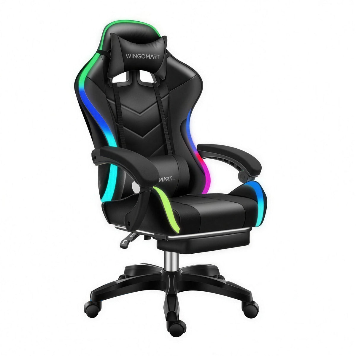 Chaise gaming avec soutien lombaire massant — vue en angle avec repose-pieds