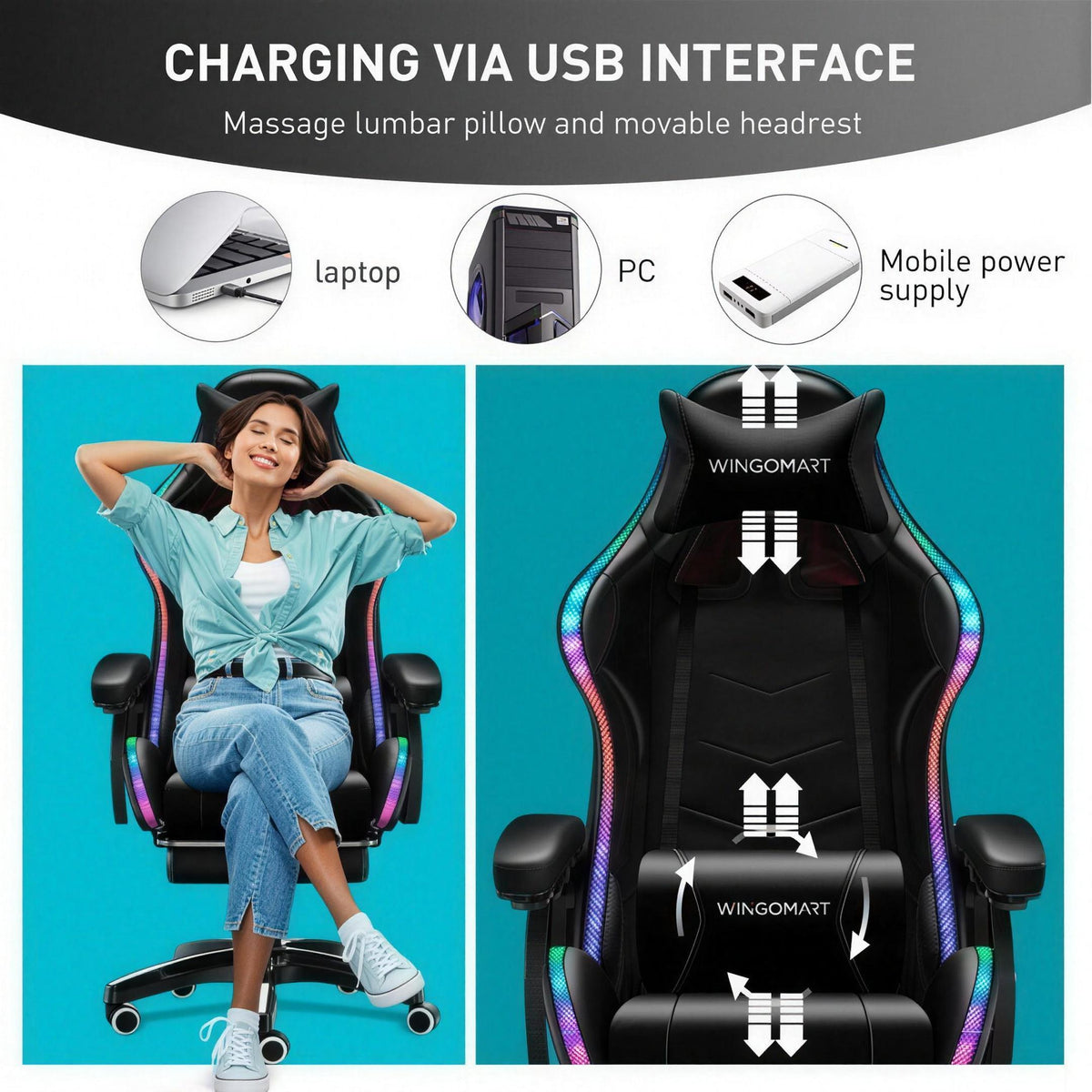 Infographie de la chaise gaming RGB PRO — Bleu : port de recharge USB