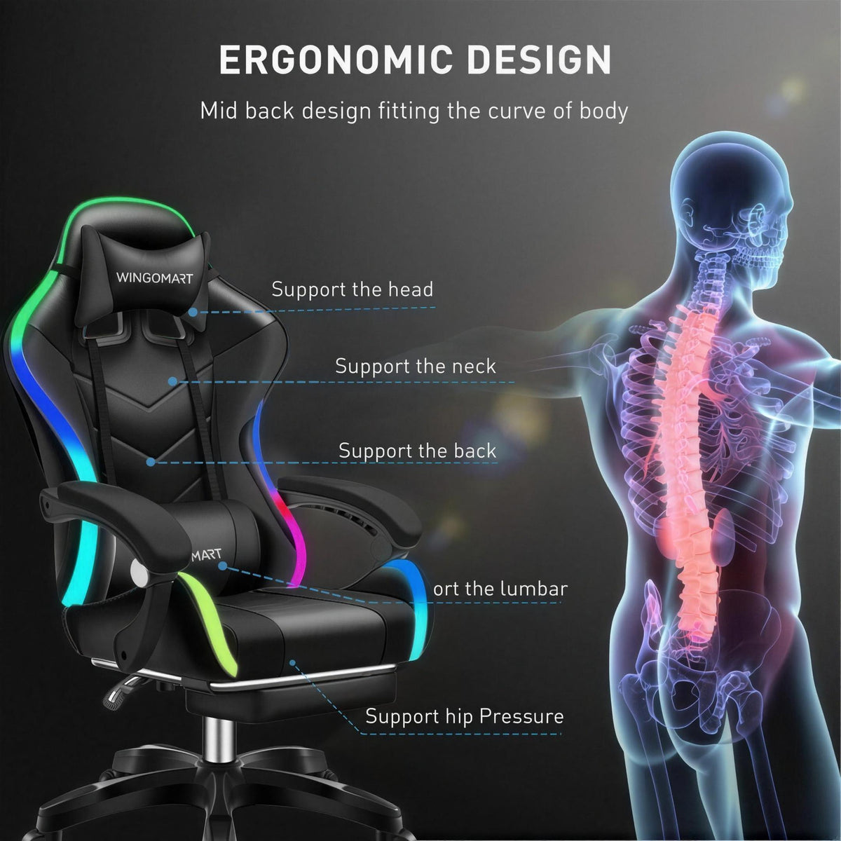 Infographie de la chaise gaming RGB PRO — Orange : conception ergonomique de soutien de la colonne