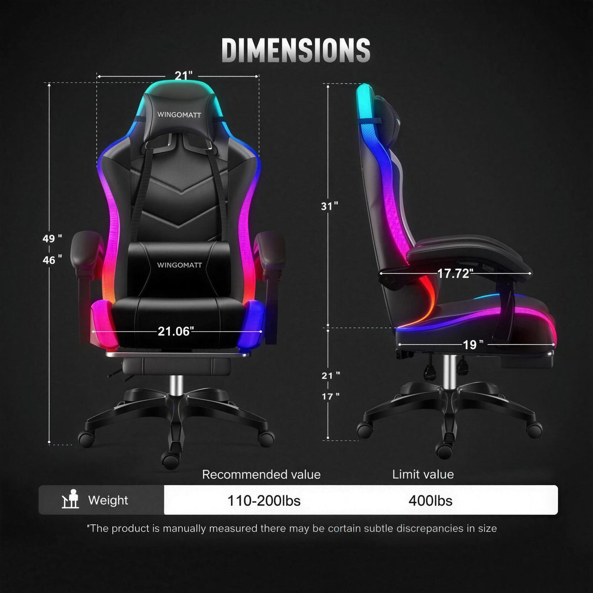 Chaise gaming RGB PRO — Noir et rouge — Infographie des dimensions