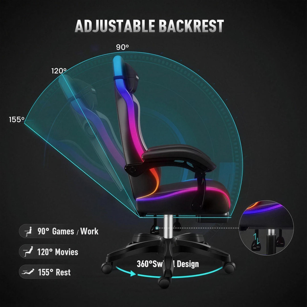 Infographie de la chaise gaming RGB PRO — Bleu : angles d'inclinaison réglables du dossier