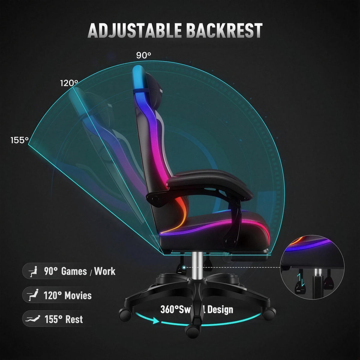 Infographie de la chaise gaming RGB PRO — Rose et blanc : angles d'inclinaison réglables du dossier