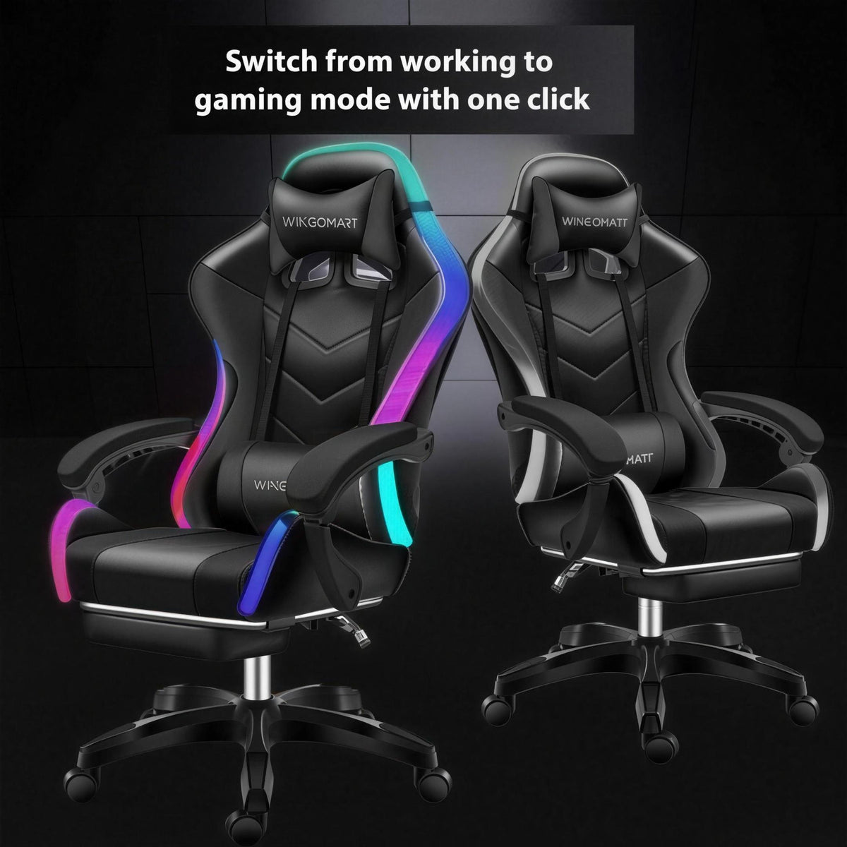 Infographie de la chaise gaming RGB PRO — Noir et blanc : passer du mode travail au mode jeu
