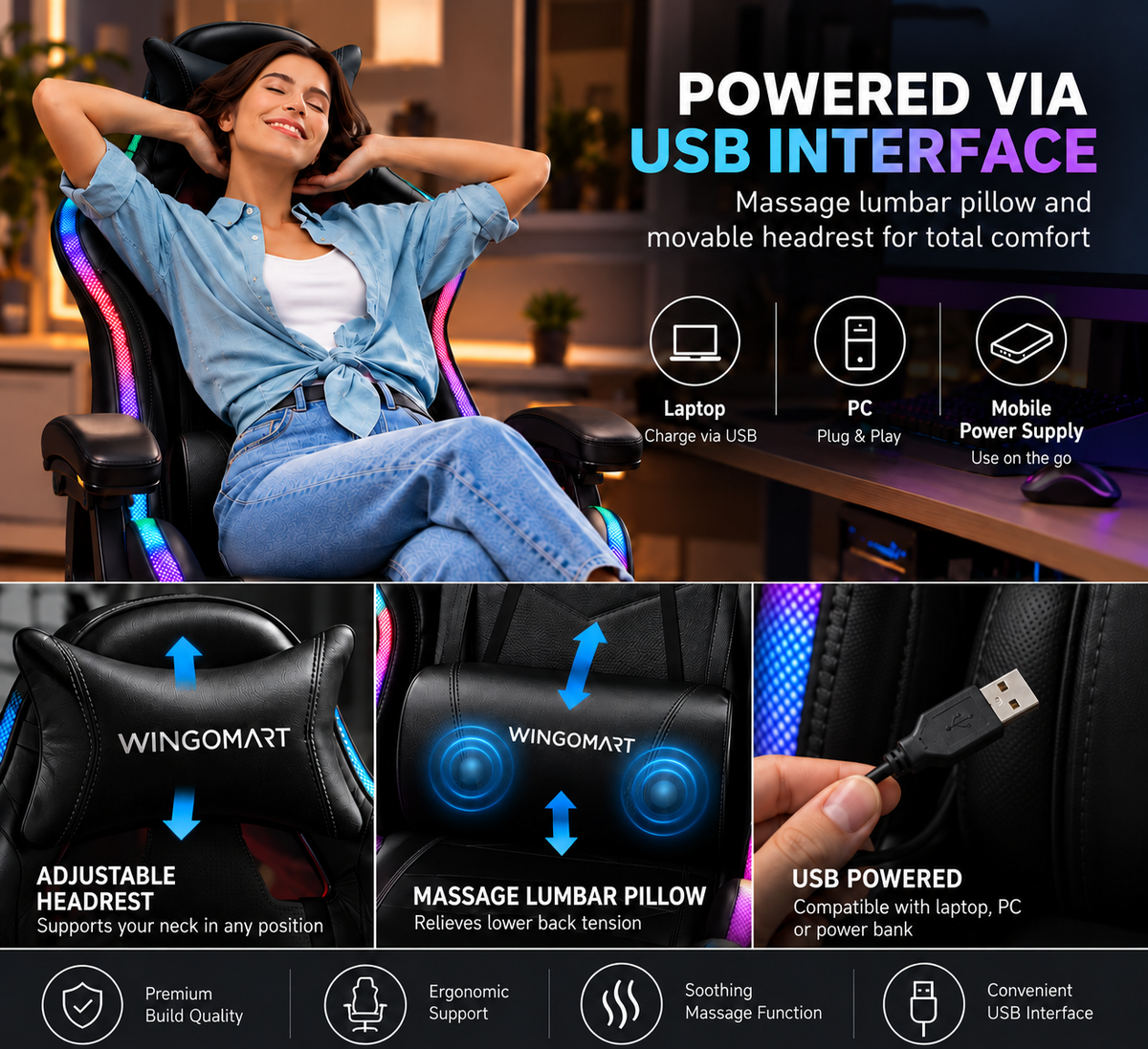 Chaise gaming WINGOMART RGB PRO — Noir