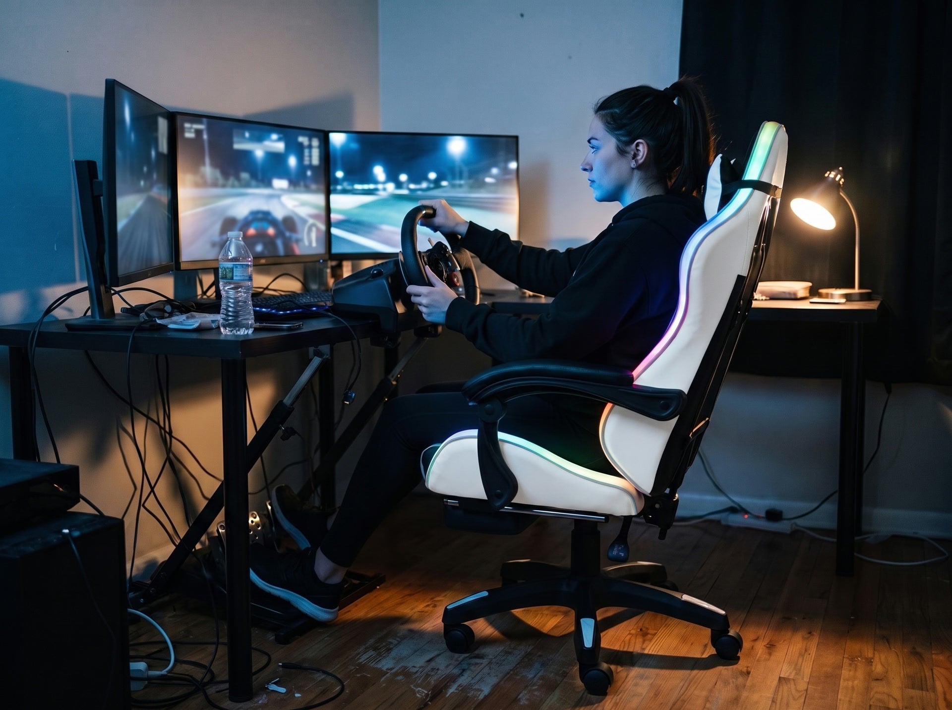 Sim-racing driver in a WINGOMART chair