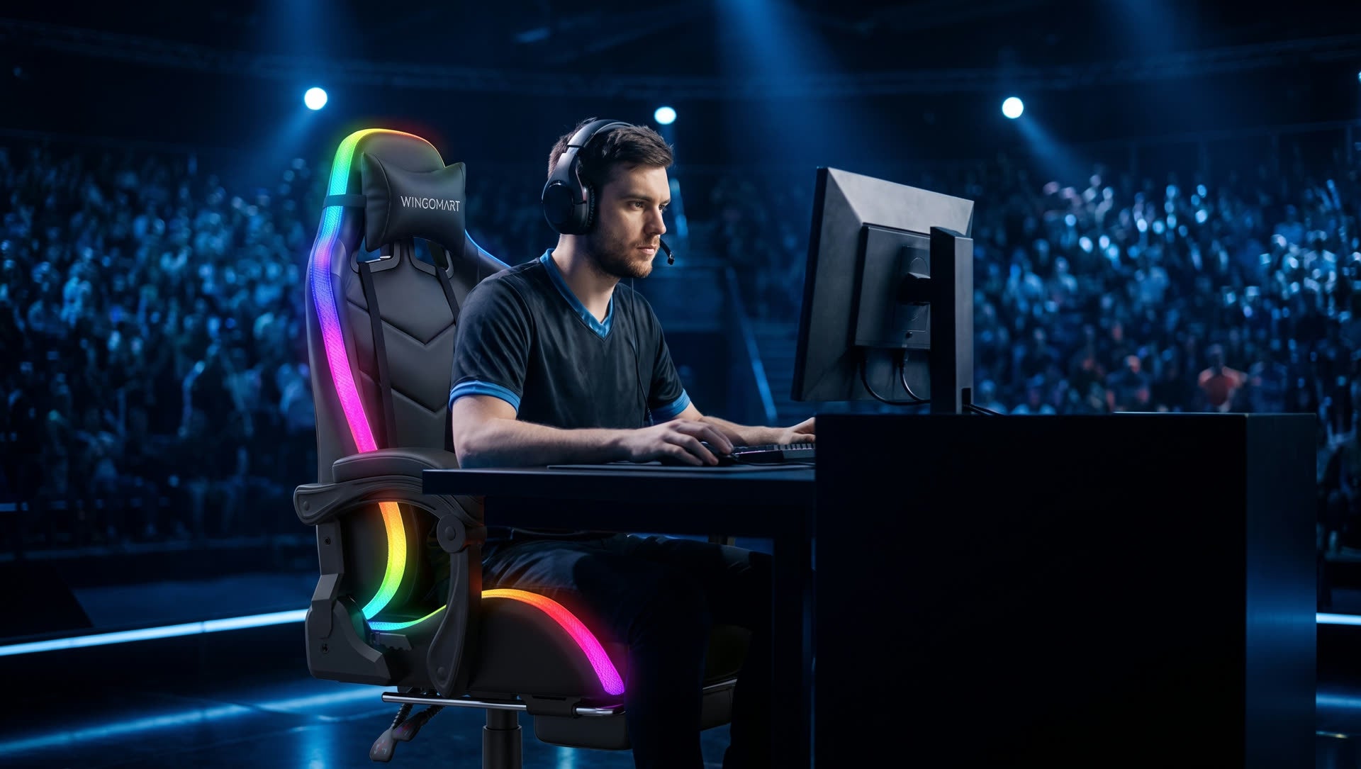 Player seated in a WINGOMART chair under stage lighting