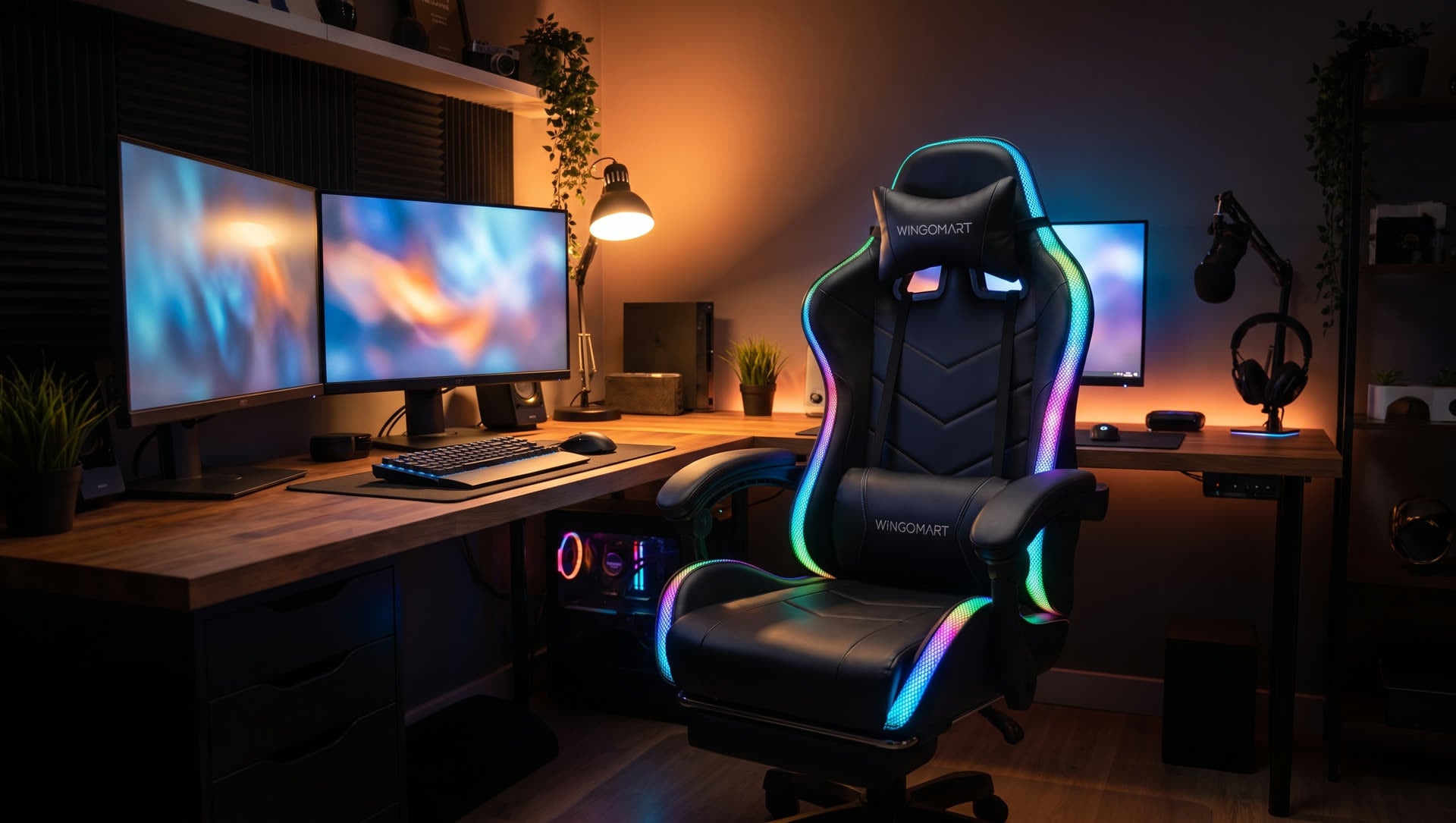 Battlestation setup with a WINGOMART chair under warm neon light