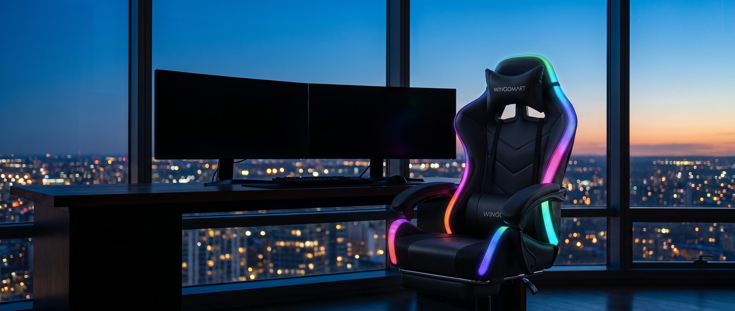 WINGOMART chair and desk setup glowing at dusk