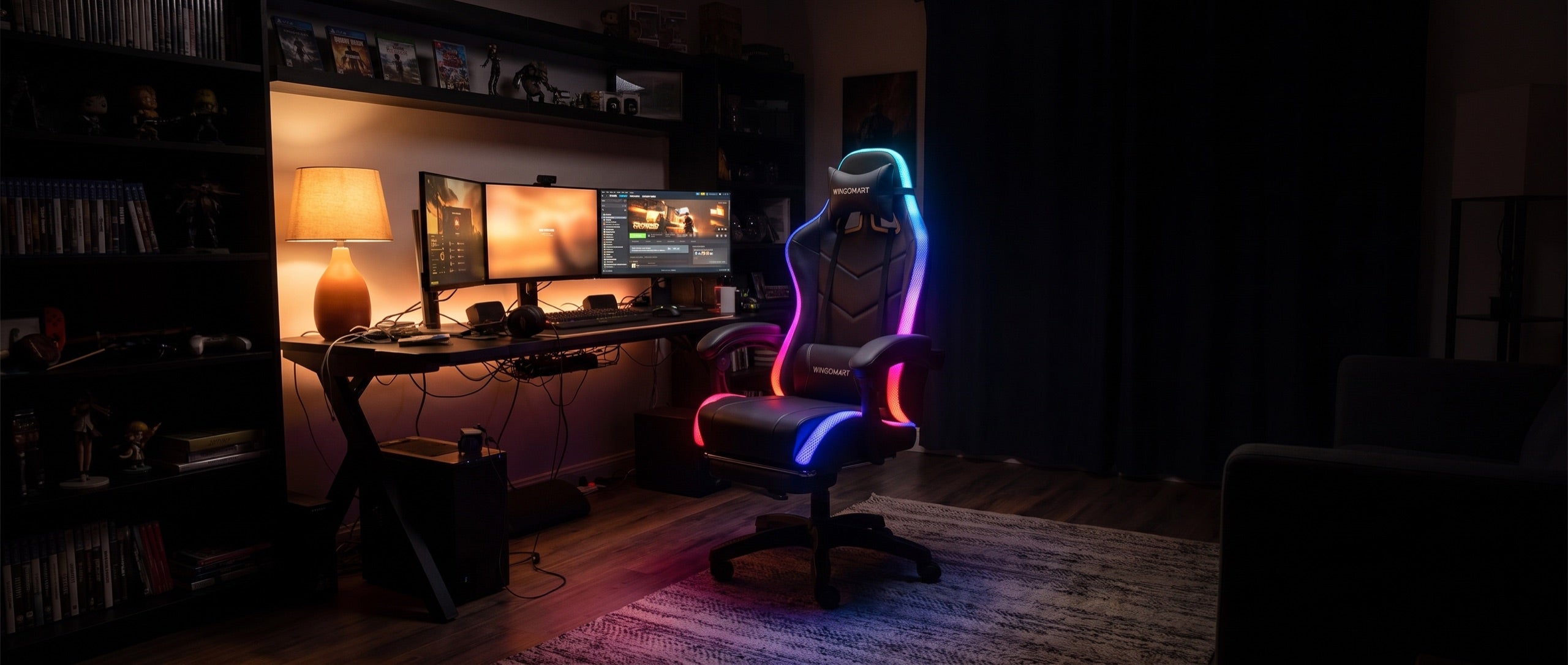 RGB-lit gaming setup at night